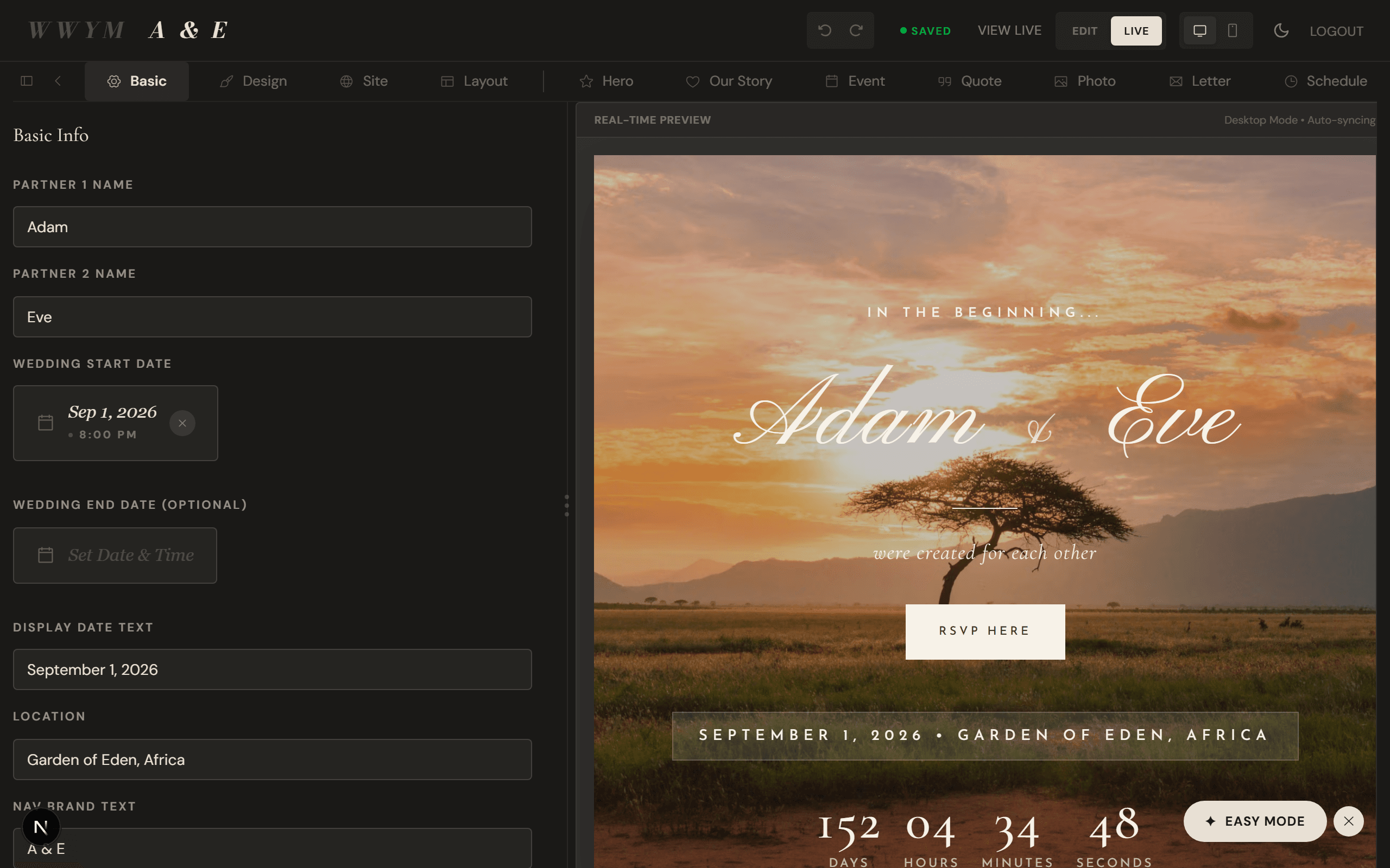 WWYM visual site editor with live preview — dark mode