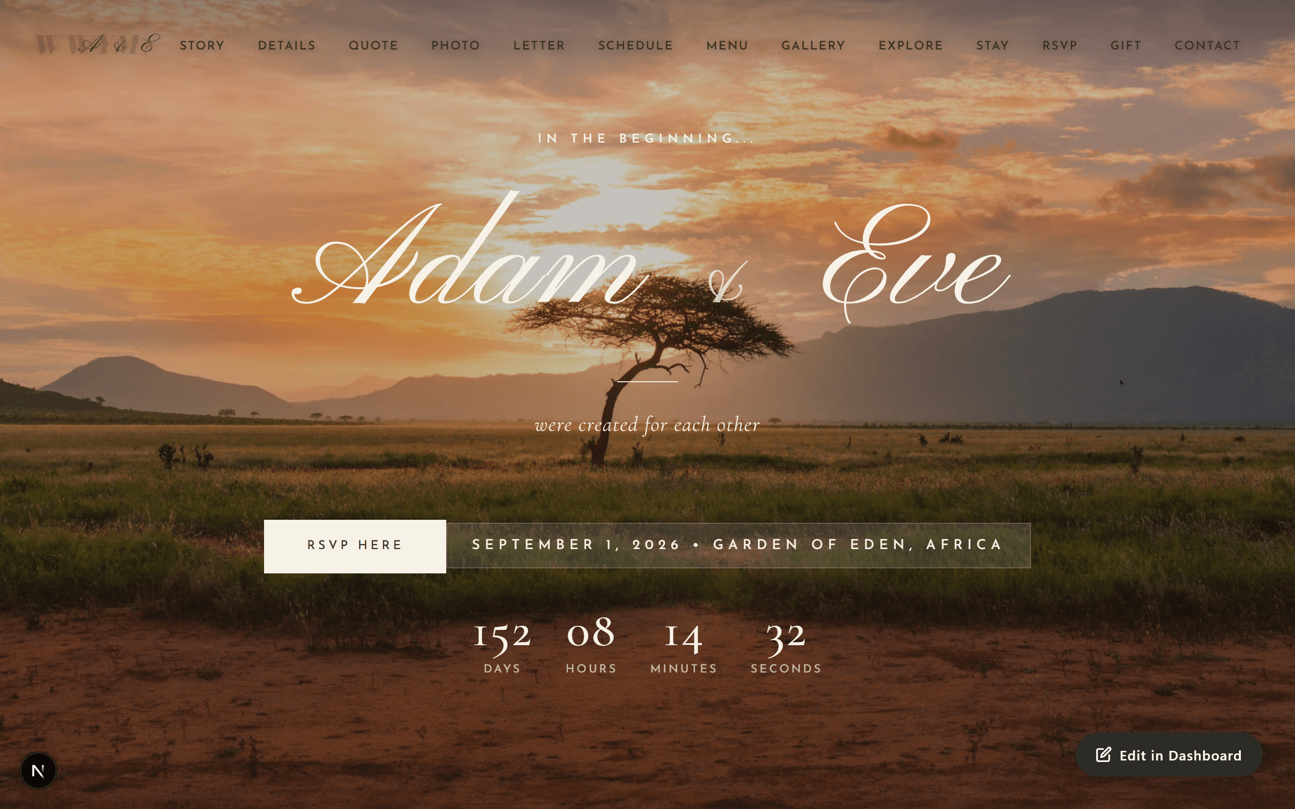 Wedding website in dark theme